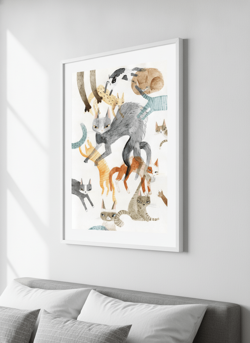 Minimalist artwork displayed in a calm, light-filled bedroom interior