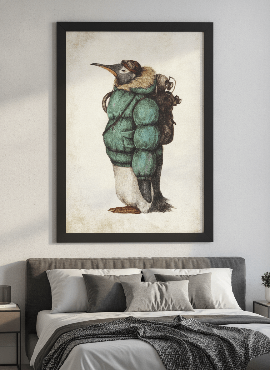 Minimalist artwork displayed in a calm, light-filled bedroom interior