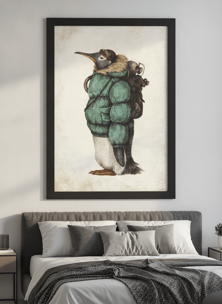 Minimalist artwork displayed in a calm, light-filled bedroom interior