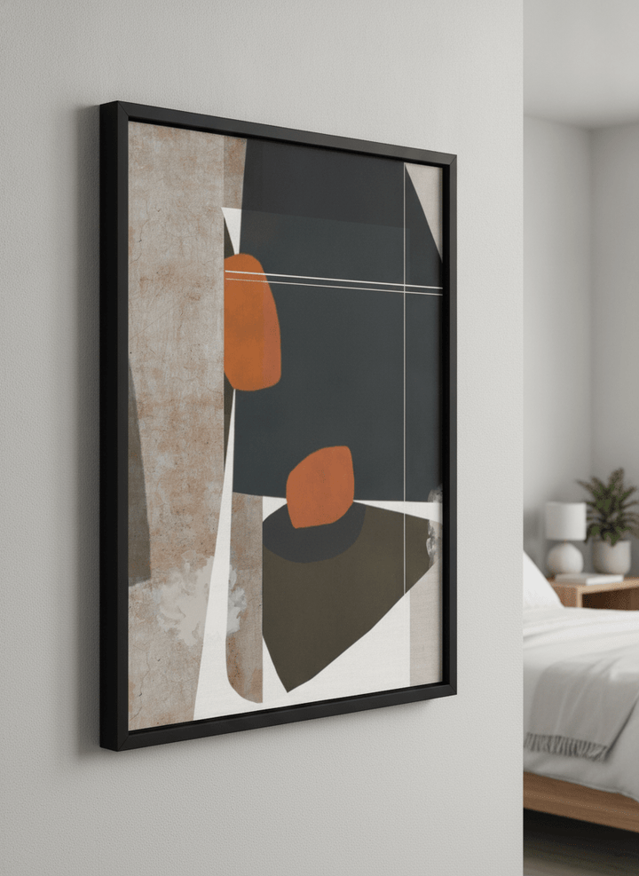 Minimalist artwork displayed in a calm, light-filled bedroom interior