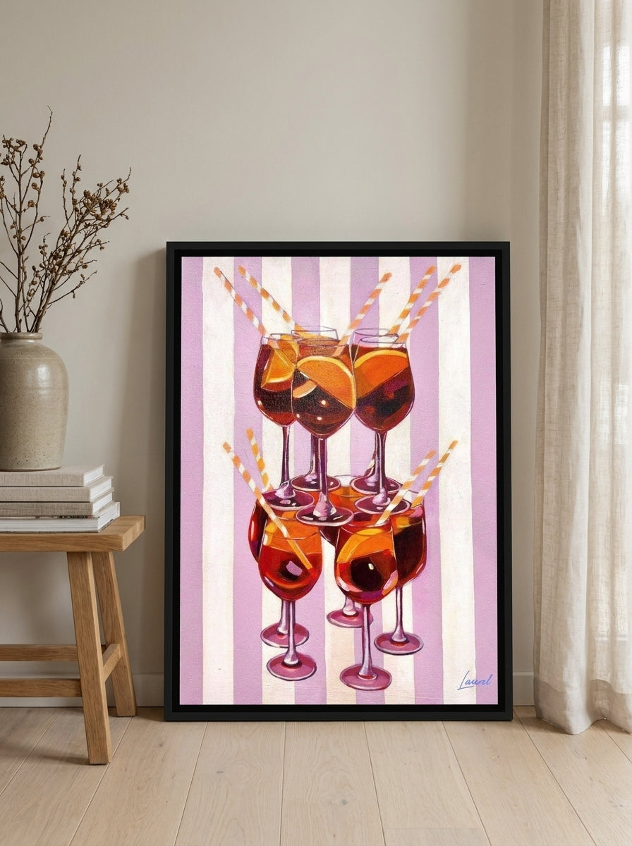 Canvas wall art with a black surround leaning against the wall in a warm Japandi kitchen