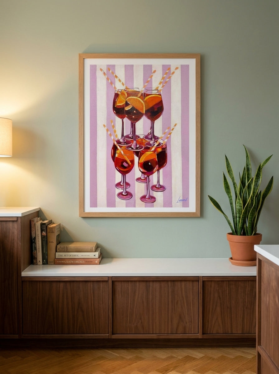 Modern wall art print styled on the wall in a mid-century kitchen
