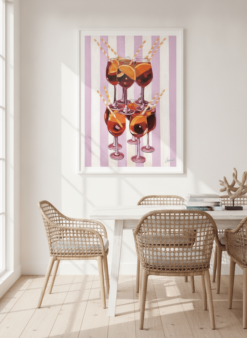 Modern wall art print styled on the wall in a coastal dining room