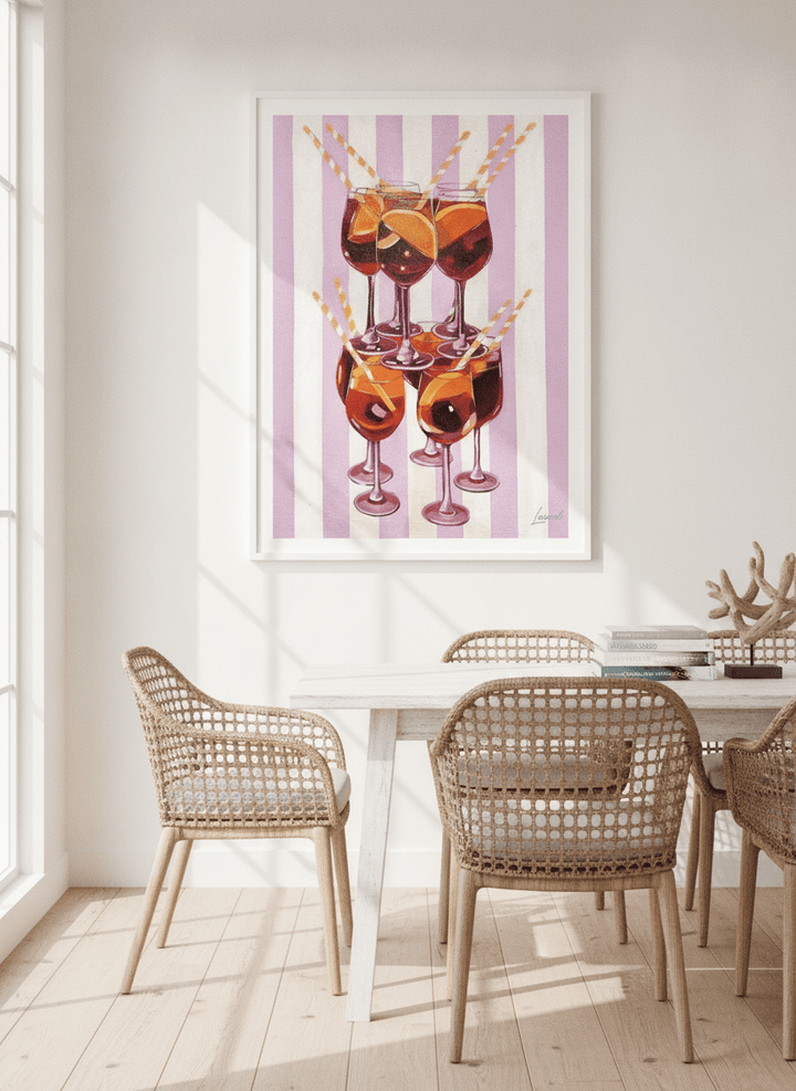 Modern wall art print styled on the wall in a coastal dining room