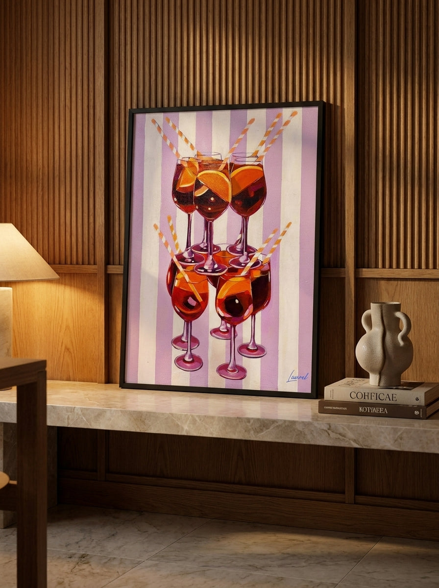 Modern wall art print standing on a kitchen bench in a luxe kitchen