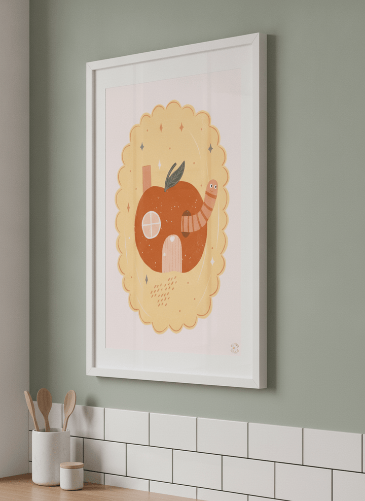 Artwork styled on the wall of a bright modern kitchen