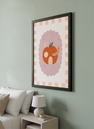 Minimalist artwork displayed in a calm, light-filled bedroom interior