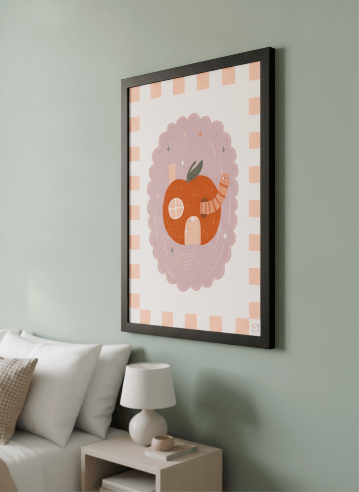 Minimalist artwork displayed in a calm, light-filled bedroom interior
