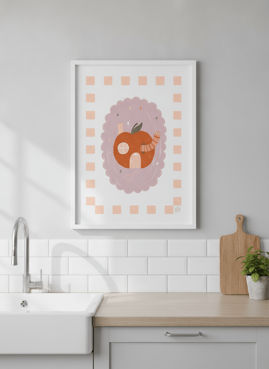 Artwork styled on the wall of a bright modern kitchen