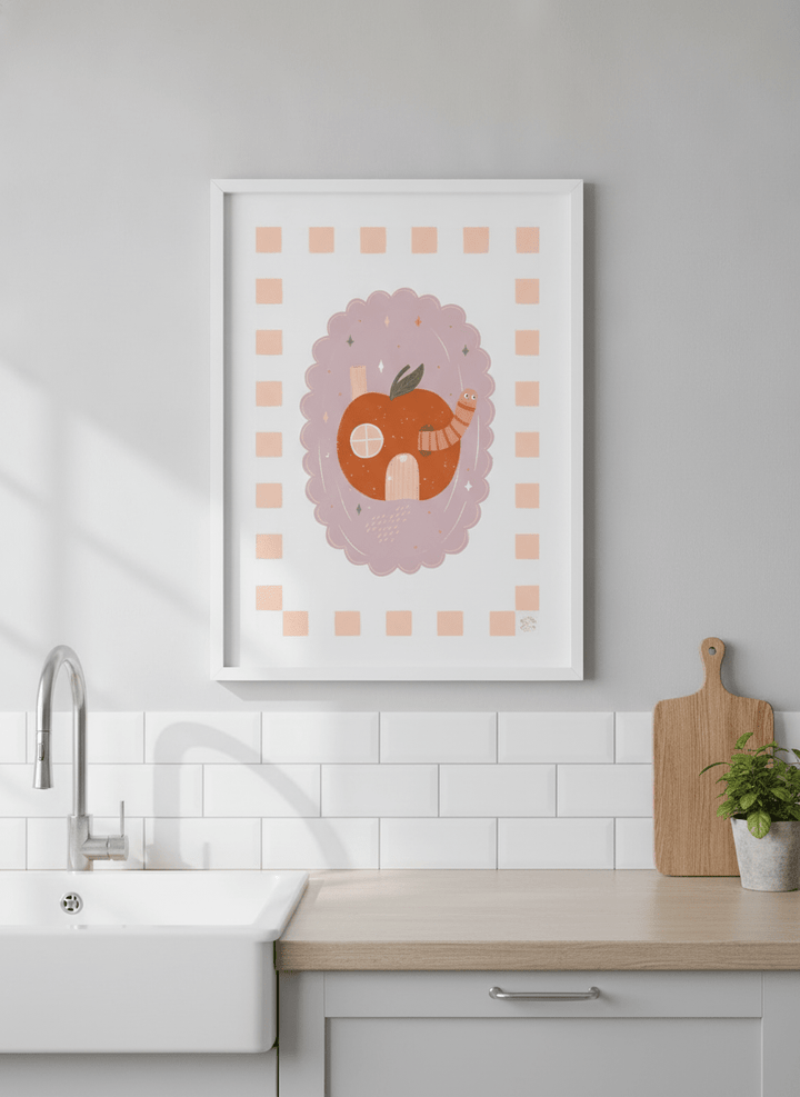 Artwork styled on the wall of a bright modern kitchen
