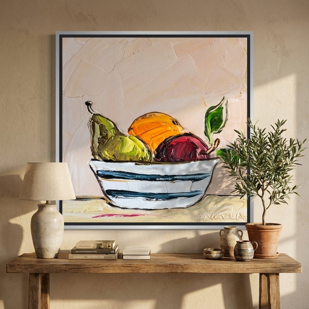 Canvas wall art with a silver leaf surround styled in a neutral living room