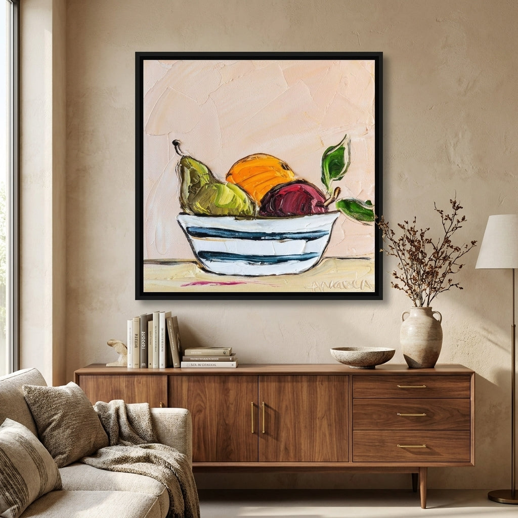 Canvas wall art with a black surround styled in a neutral living room