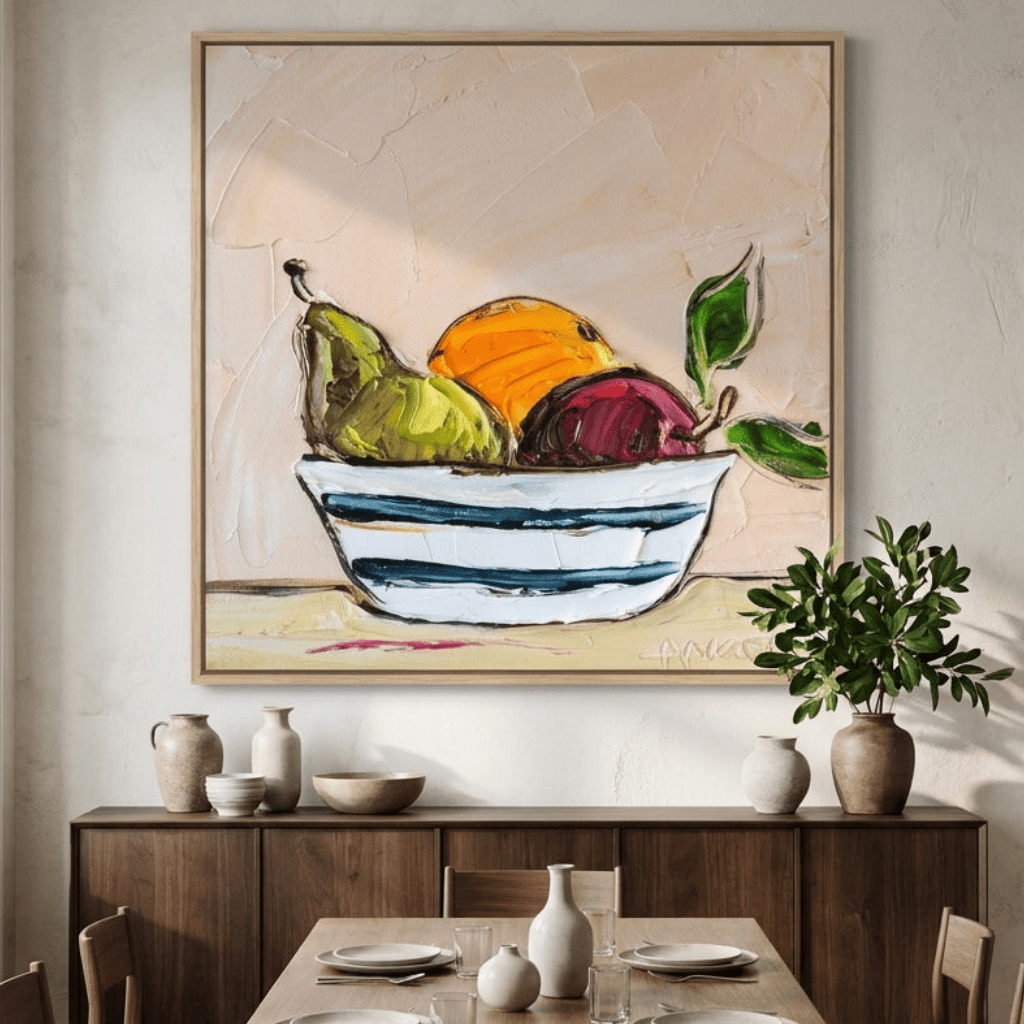 Oversized statement canvas wall art with a natural timber surround styled in a contemporary dining room
