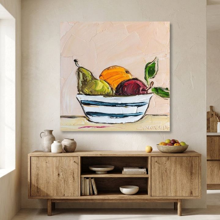 Stretched canvas wall art styled in a bright modern kitchen