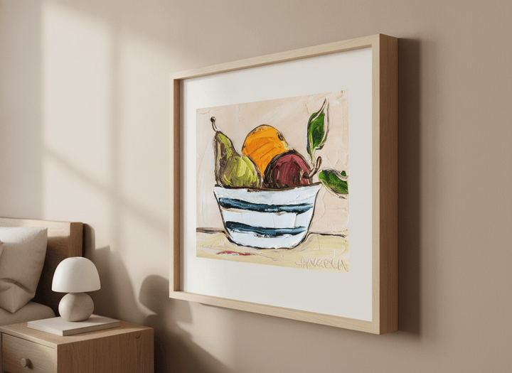 Minimalist artwork displayed in a calm, light-filled bedroom interior