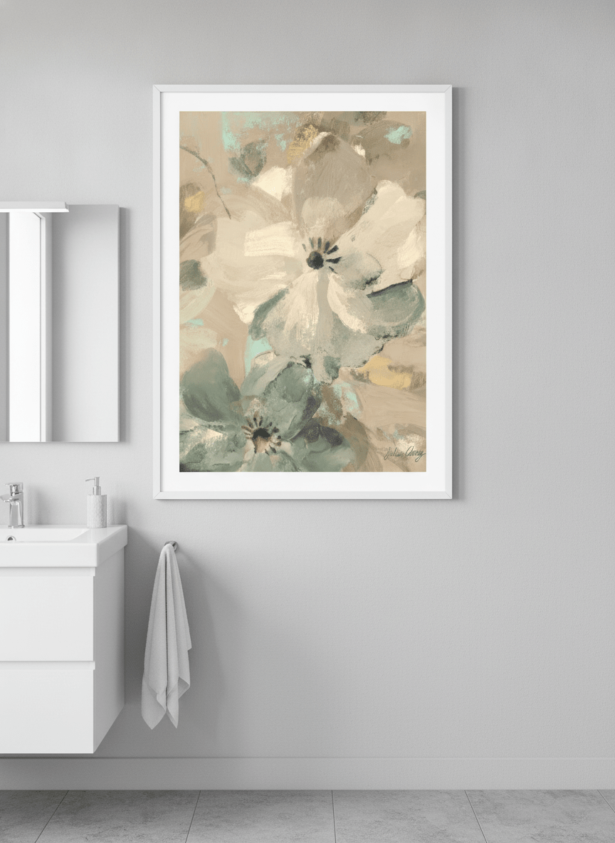 Modern print displayed in a clean minimalist bathroom setting