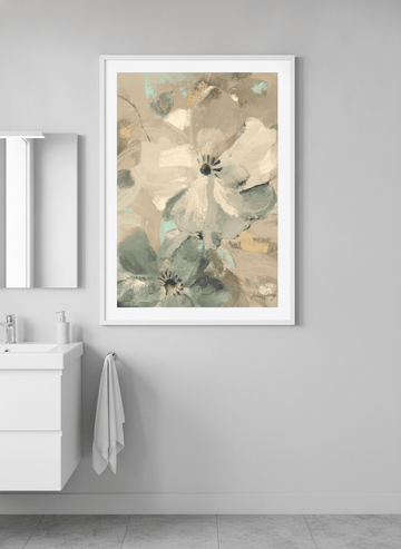 Modern print displayed in a clean minimalist bathroom setting