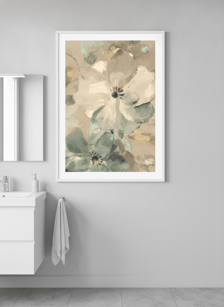 Modern print displayed in a clean minimalist bathroom setting