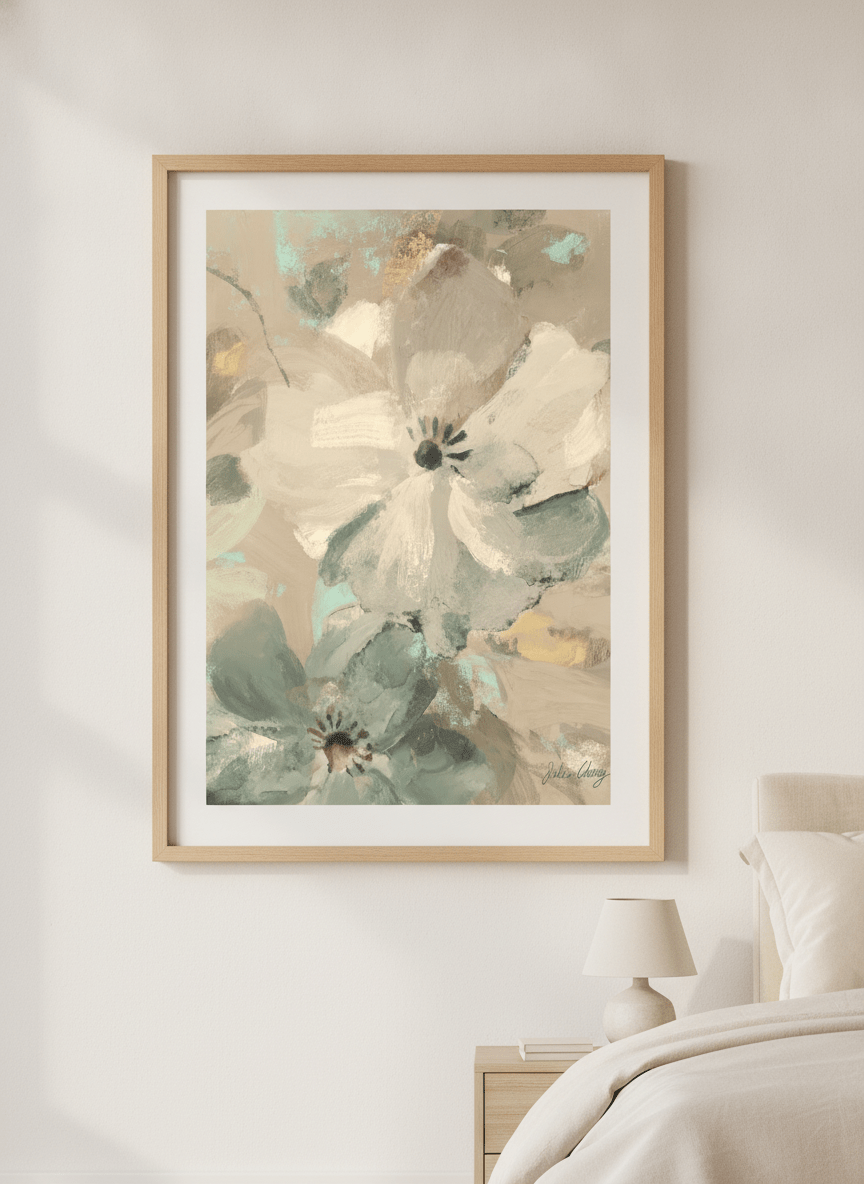 Minimalist artwork displayed in a calm, light-filled bedroom interior
