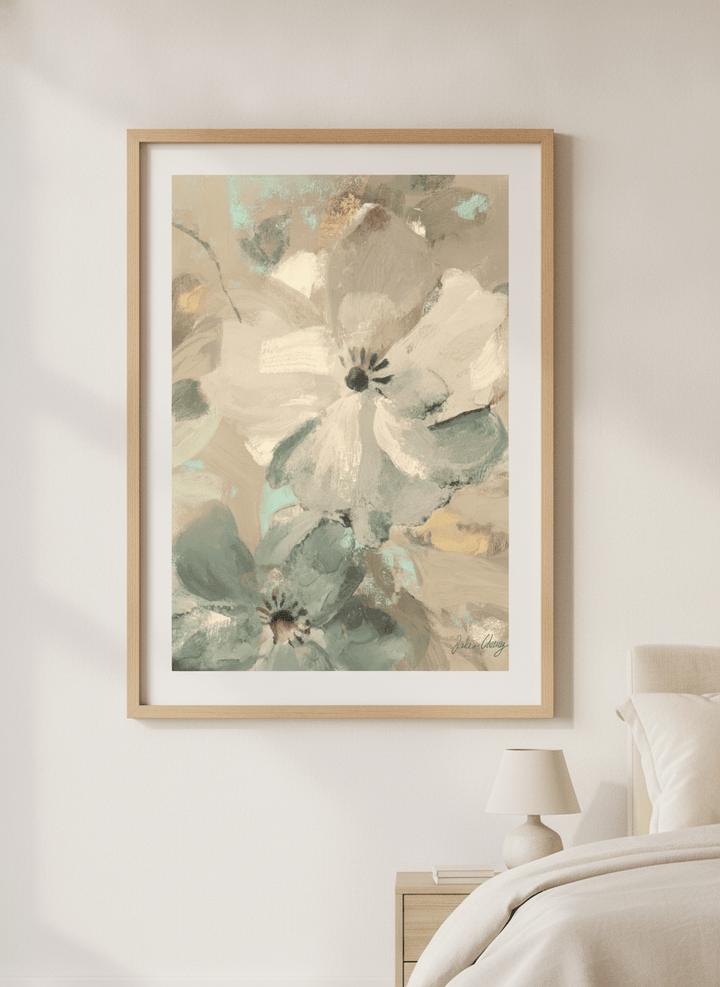Minimalist artwork displayed in a calm, light-filled bedroom interior