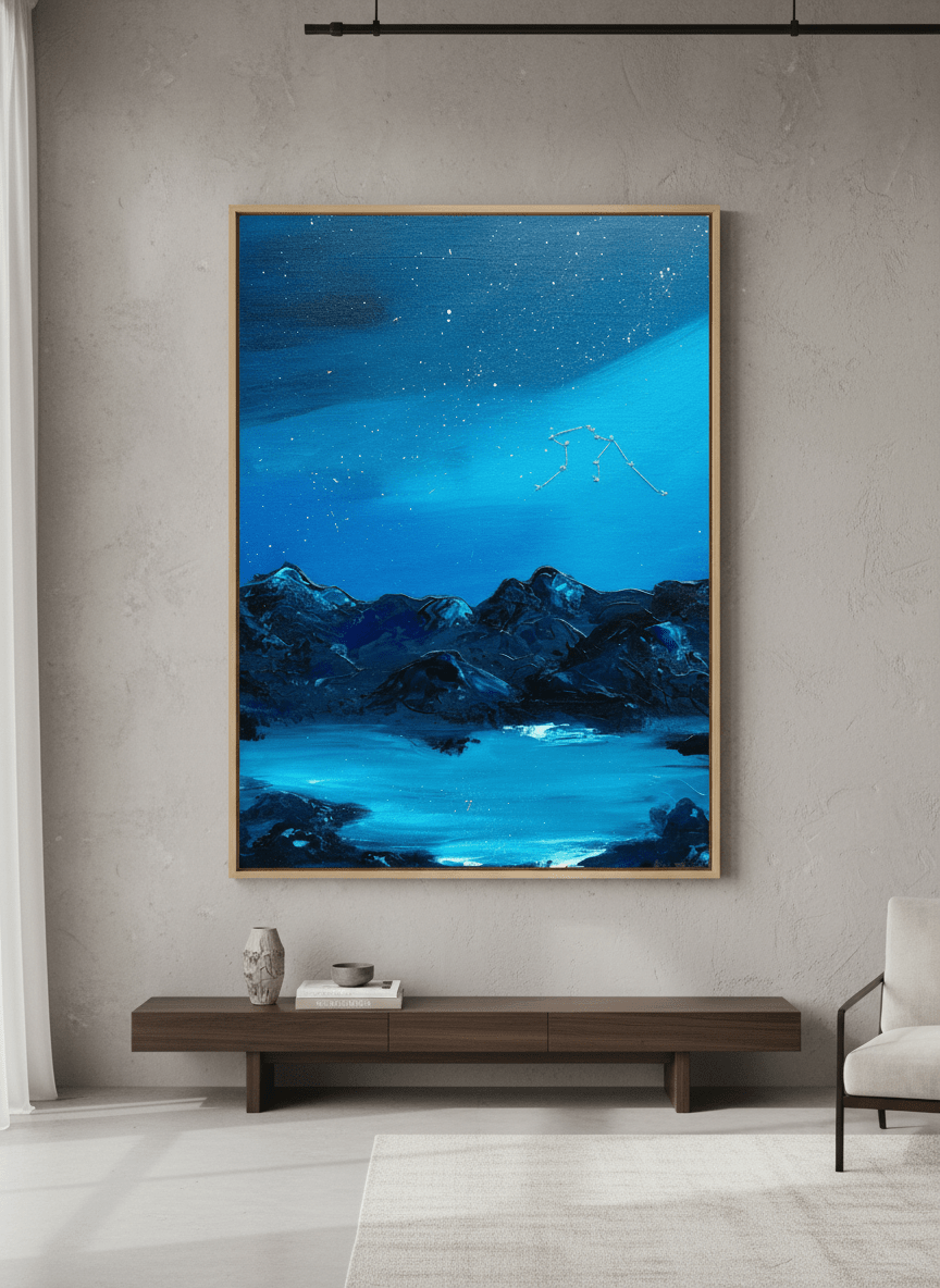 Monumental artwork centred on a feature wall in a luxe interior