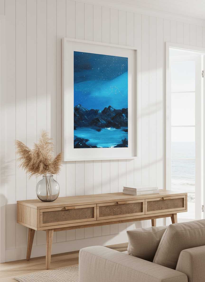 Neutral wall art displayed in a sunny coastal beach house