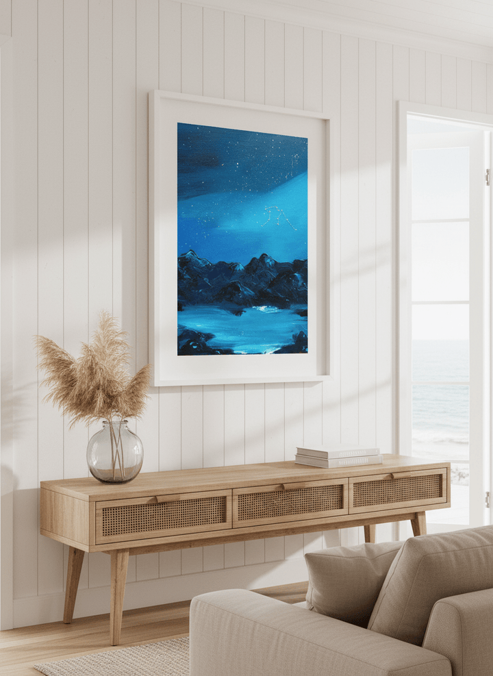 Neutral wall art displayed in a sunny coastal beach house