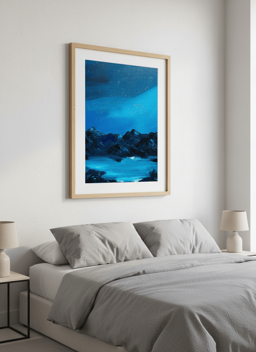 Minimalist artwork displayed in a calm, light-filled bedroom interior
