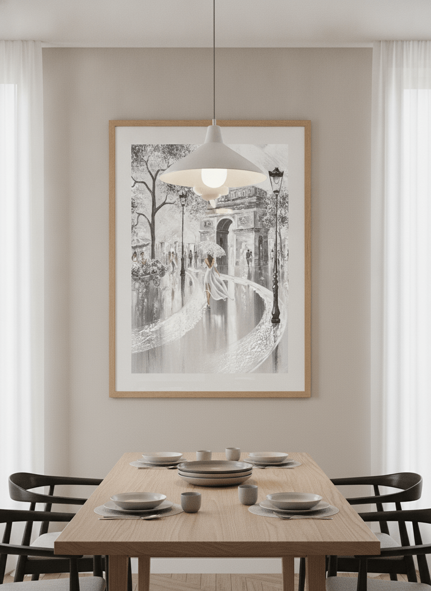 Wall art styled above a dining table in a contemporary home