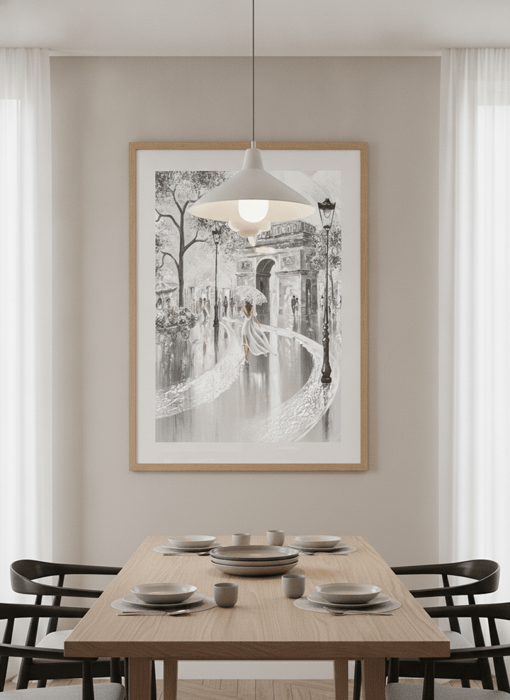 Wall art styled above a dining table in a contemporary home