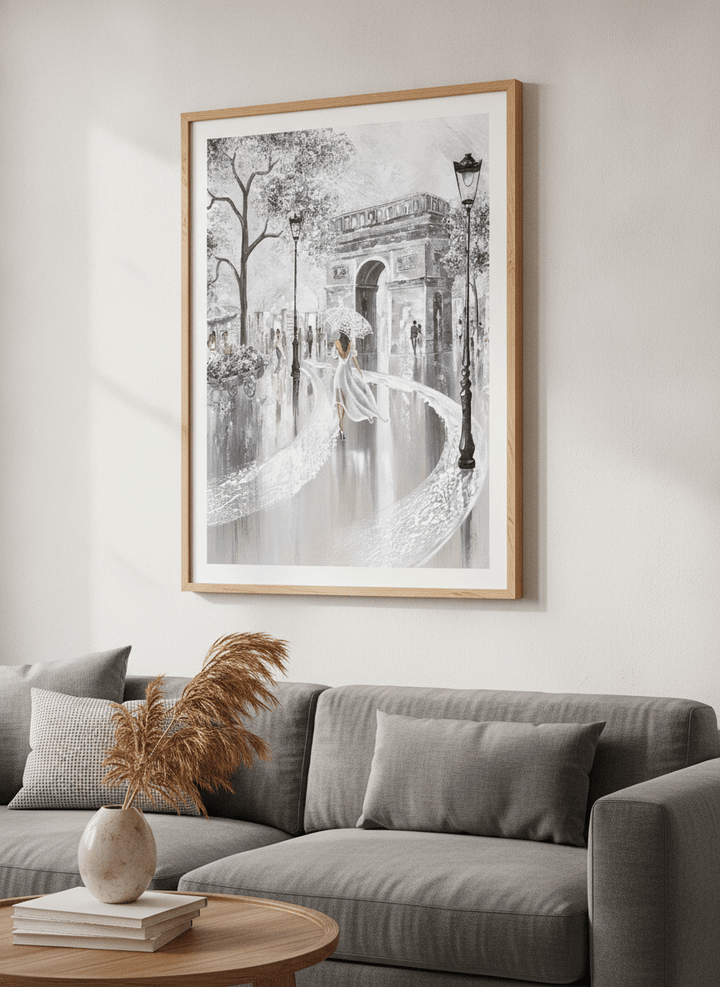 Modern wall art styled above a sofa in a neutral living room