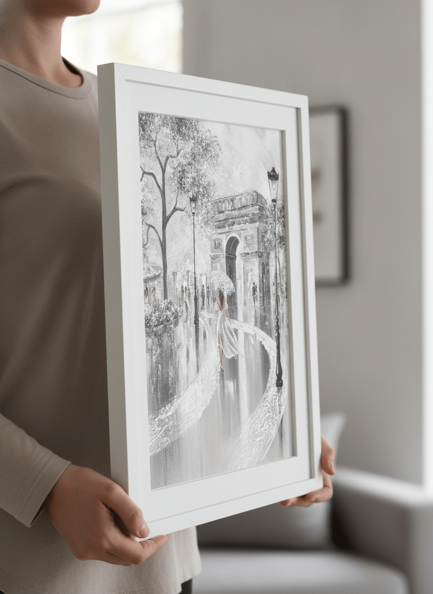 Person showcasing the artwork against a clean modern interior wall