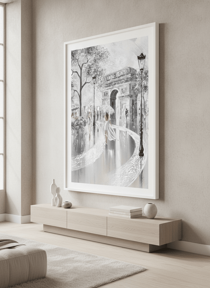 Monumental artwork centred on a feature wall in a luxe interior