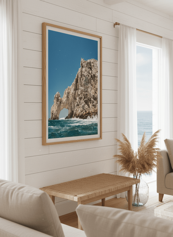 Neutral wall art displayed in a sunny coastal beach house