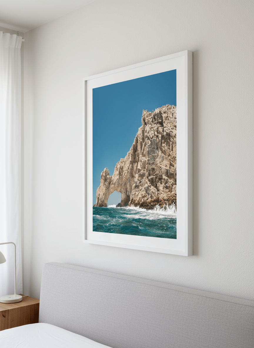 Minimalist artwork displayed in a calm, light-filled bedroom interior