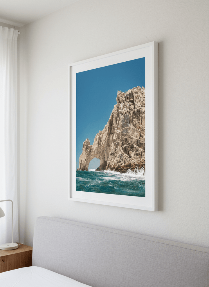 Minimalist artwork displayed in a calm, light-filled bedroom interior