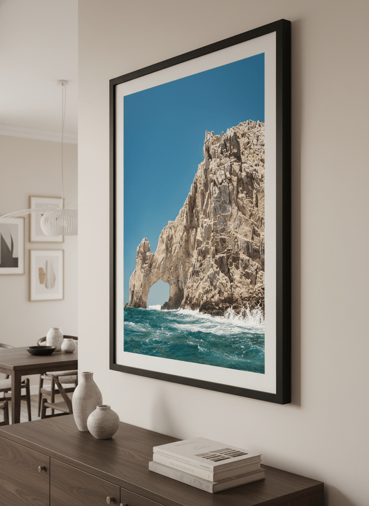 Wall art styled above a dining table in a contemporary home