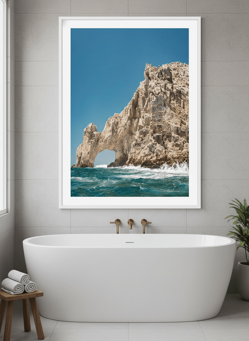 Modern print displayed in a clean minimalist bathroom setting