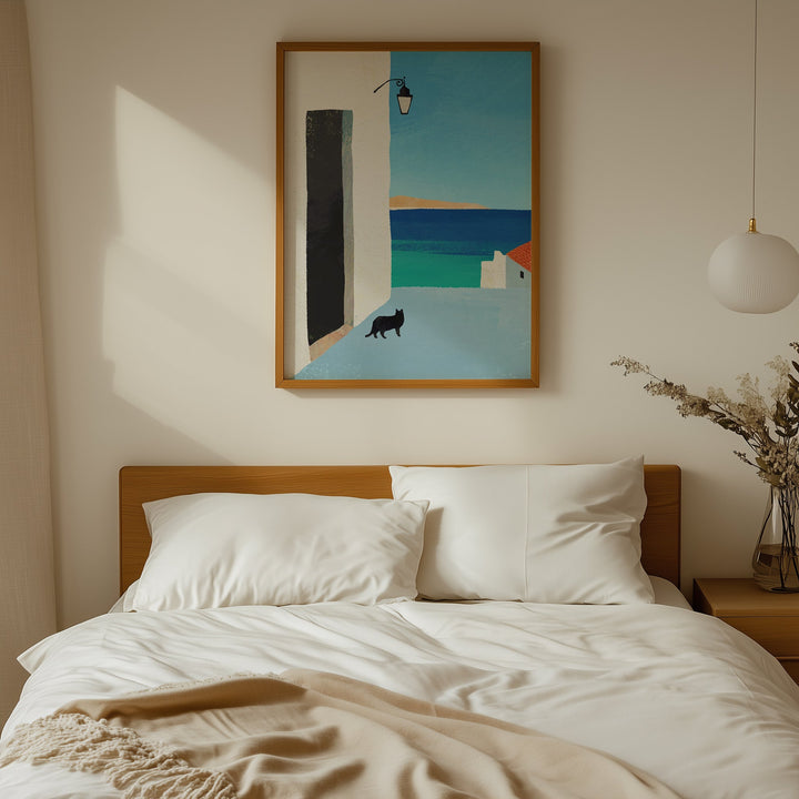Bedroom with a painting of a coastal scene above the bed