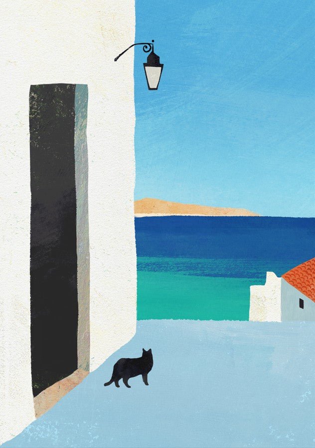 Artistic depiction of a coastal scene with a black cat, white building, and blue sky. framed
