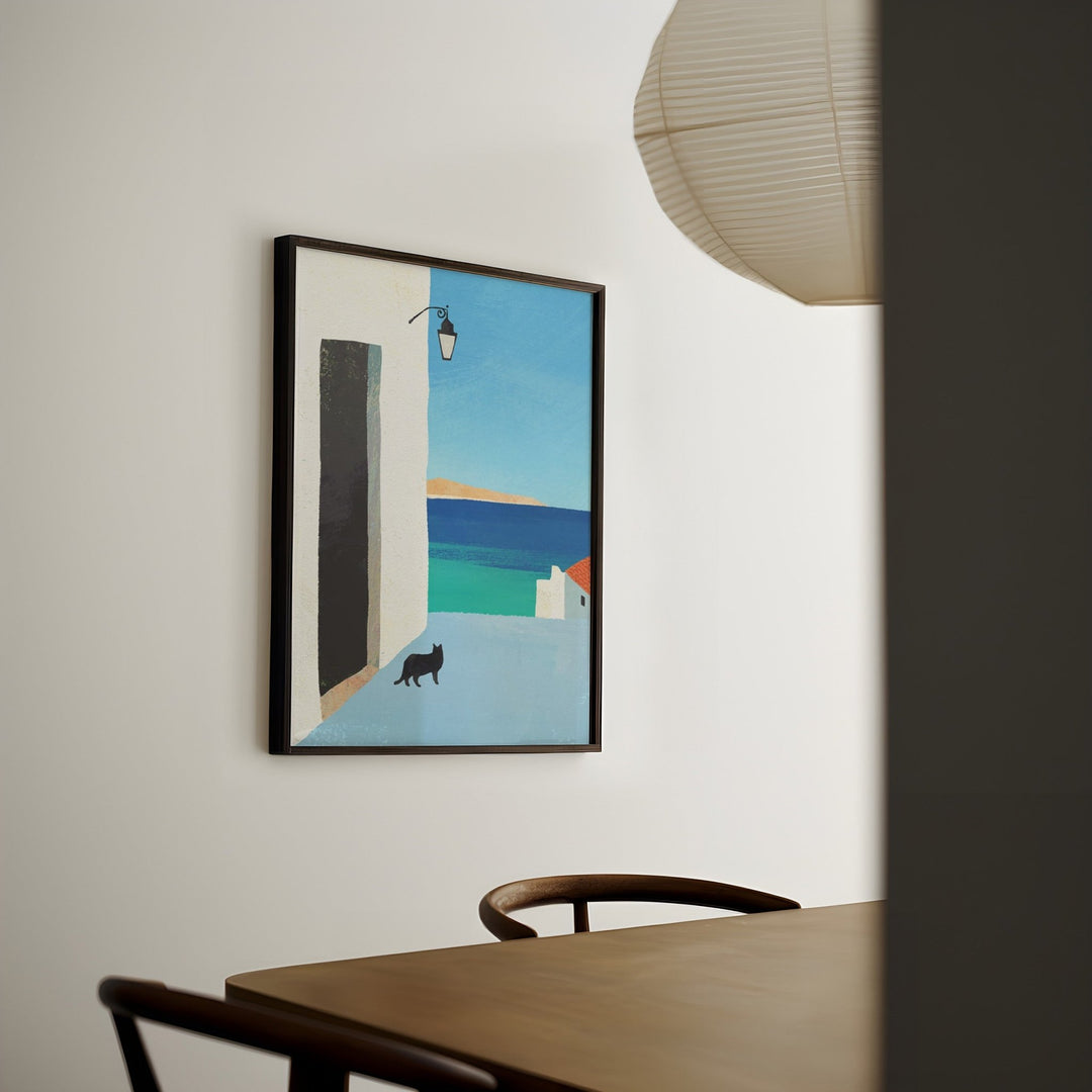 Abstract painting on a wall above a table in a room.