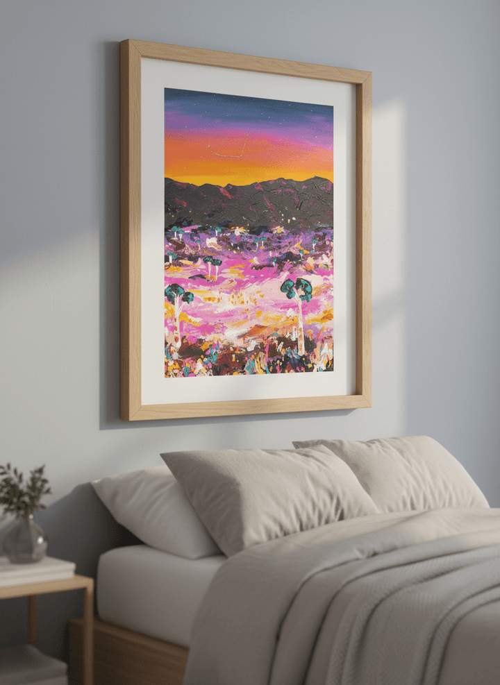 Minimalist artwork displayed in a calm, light-filled bedroom interior