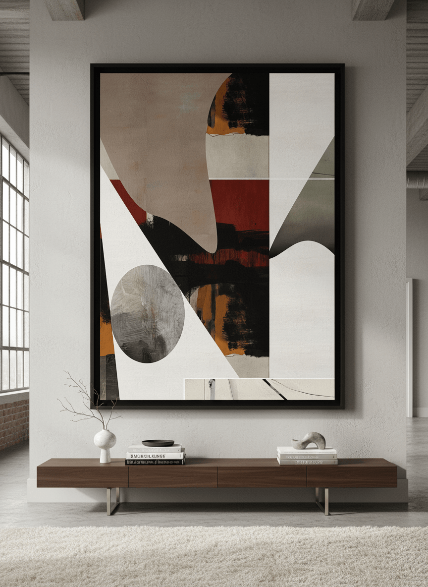Monumental artwork centred on a feature wall in a luxe interior