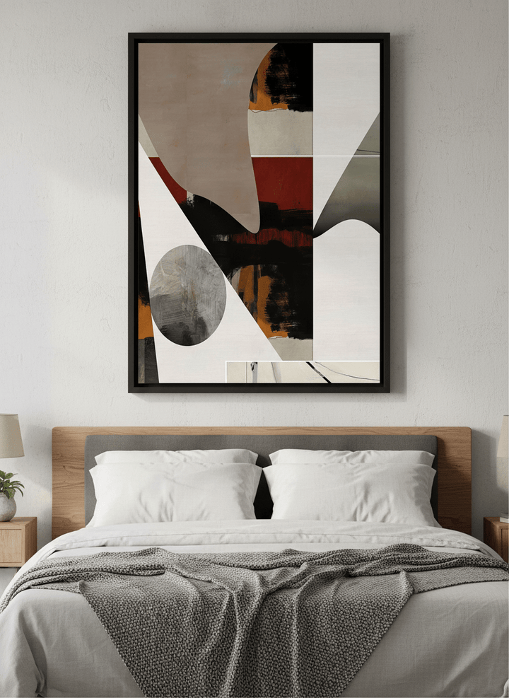 Minimalist artwork displayed in a calm, light-filled bedroom interior