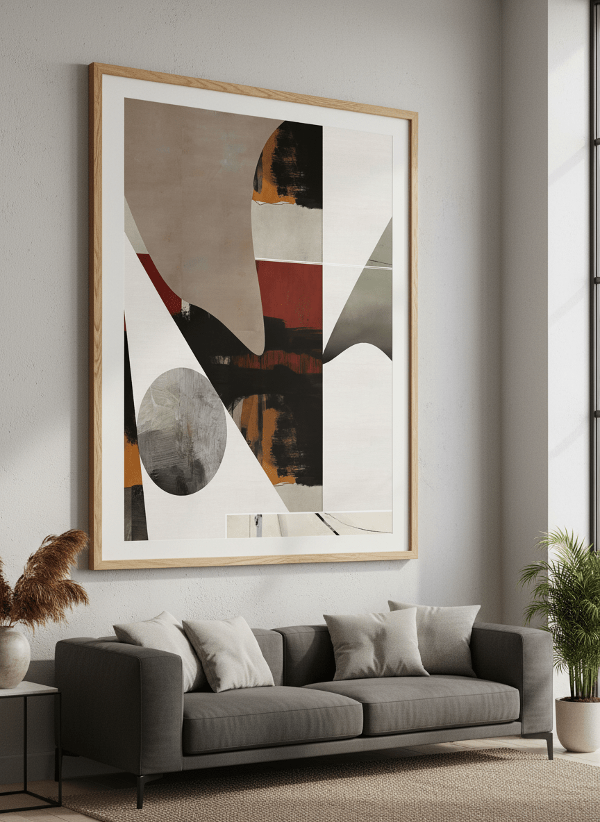Modern wall art styled above a sofa in a neutral living room