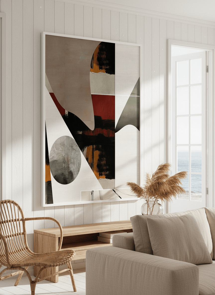 Neutral wall art displayed in a sunny coastal beach house
