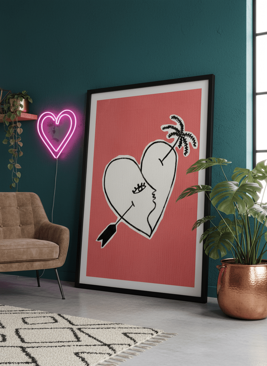 Bold wall art styled in a colourful, eclectic modern home