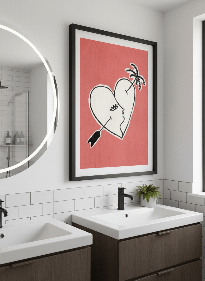 Modern print displayed in a clean minimalist bathroom setting