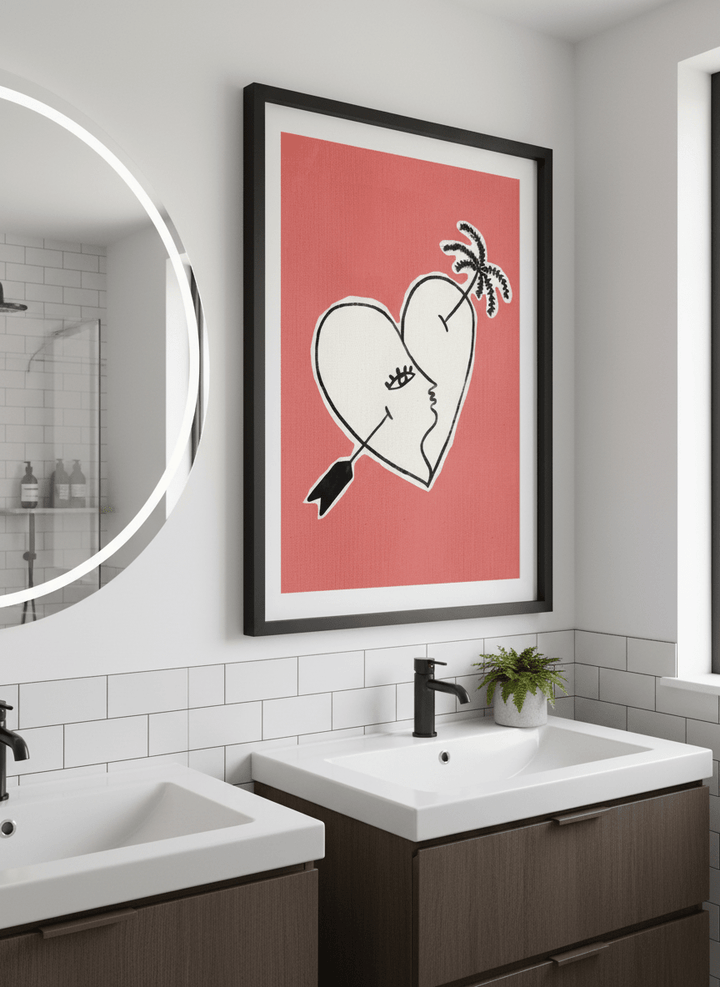 Modern print displayed in a clean minimalist bathroom setting