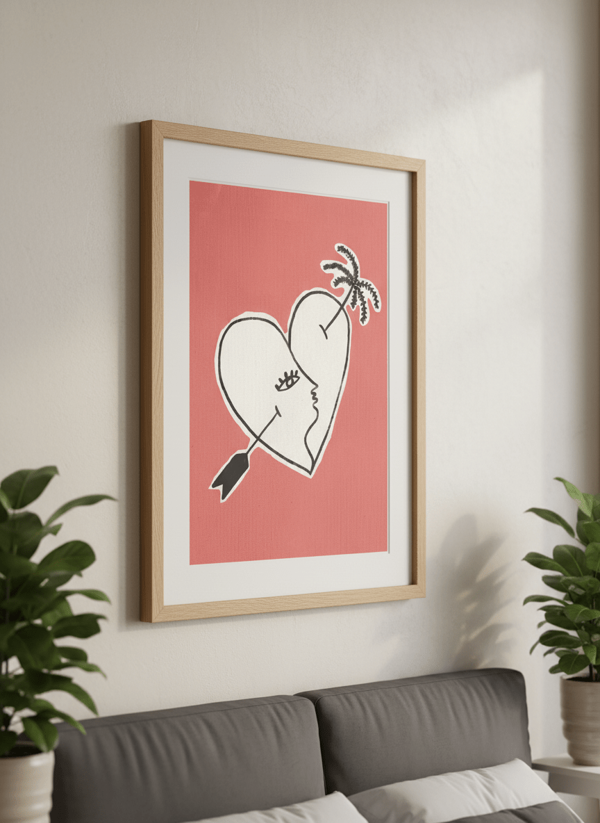 Minimalist artwork displayed in a calm, light-filled bedroom interior